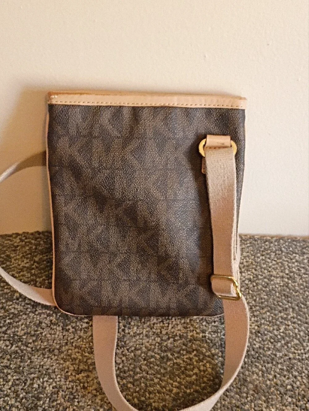 Michael Kors Brown Monogram Crossbody with Beige Strap